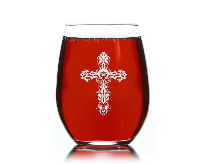 Cross Stemless Wine Glass - Cross Themed Gift for Men and Women - 17 oz. (Style C1)