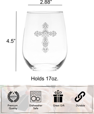 Cross Stemless Wine Glass - Cross Themed Gift for Men and Women - 17 oz. (Style C1)