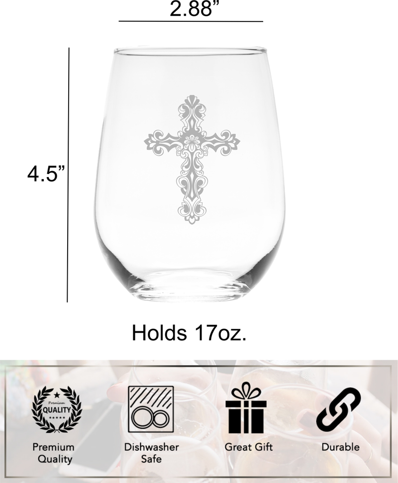 Cross Stemless Wine Glass - Cross Themed Gift for Men and Women - 17 oz. (Style C1)