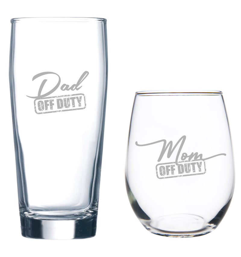 Dad Off Duty 20 oz. Beer Glass  and Mom Off Duty 15 oz.  Stemless Wine Glass - Set of 2 – Mom and Dad Gift for Men and Women