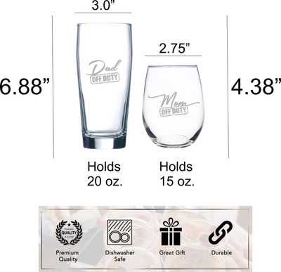 Dad Off Duty 20 oz. Beer Glass  and Mom Off Duty 15 oz.  Stemless Wine Glass - Set of 2 – Mom and Dad Gift for Men and Women
