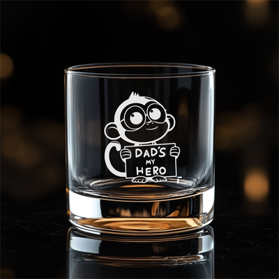 Dad's My Hero with Monkey Design - Whiskey Rocks Glass - Dad Monkey Themed  Gift for Men - 11 oz.