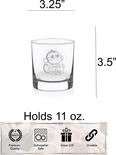 Dad's My Hero with Monkey Design - Whiskey Rocks Glass - Dad Monkey Themed  Gift for Men - 11 oz.