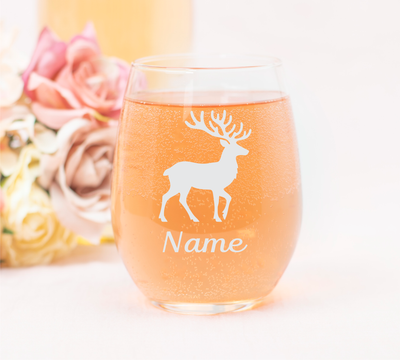 Deer with Name 17 oz.  Custom Stemless Wine Glass - Personalized Deer Lover Themed Gift for Women and Men