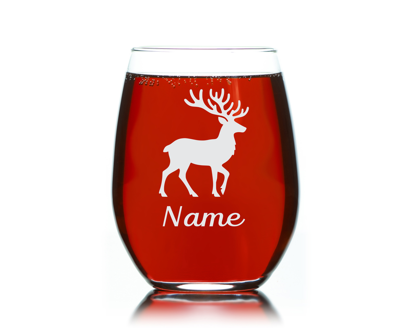 Deer with Name 17 oz.  Custom Stemless Wine Glass - Personalized Deer Lover Themed Gift for Women and Men