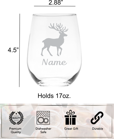 Deer with Name 17 oz.  Custom Stemless Wine Glass - Personalized Deer Lover Themed Gift for Women and Men