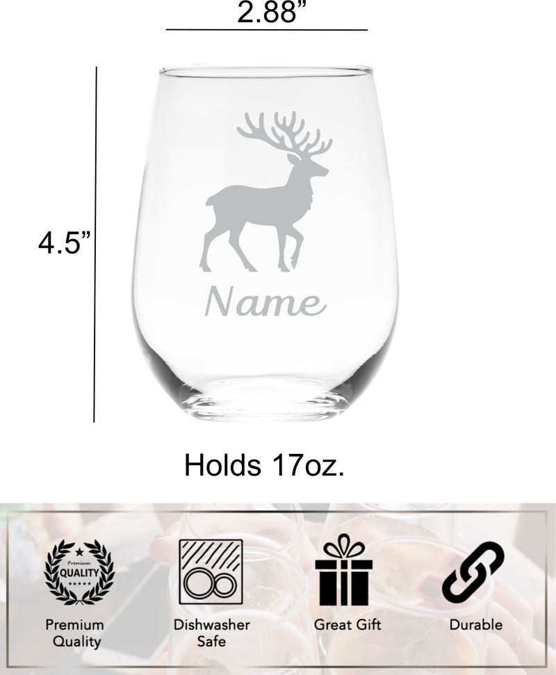 Deer with Name 17 oz.  Custom Stemless Wine Glass - Personalized Deer Lover Themed Gift for Women and Men