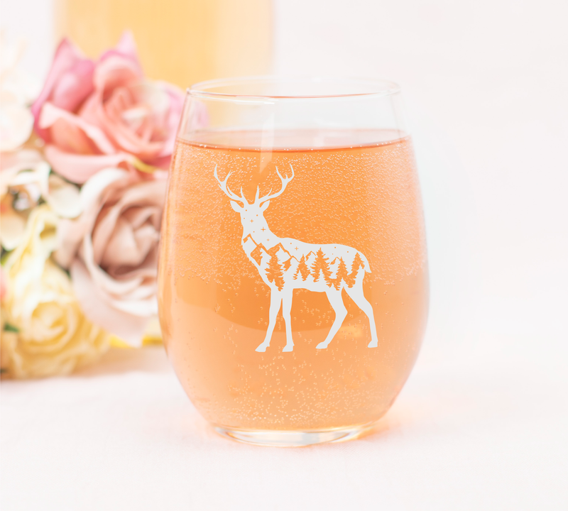 Deer Themed Stemless Wine Glass, 17 oz. - Deer Gift for Men and Women (Style D2)