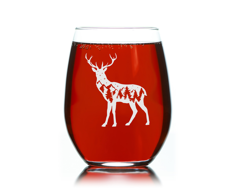 Deer Themed Stemless Wine Glass, 17 oz. - Deer Gift for Men and Women (Style D2)