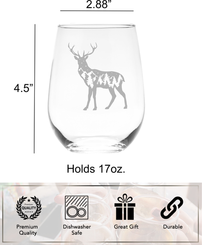 Deer Themed Stemless Wine Glass, 17 oz. - Deer Gift for Men and Women (Style D2)