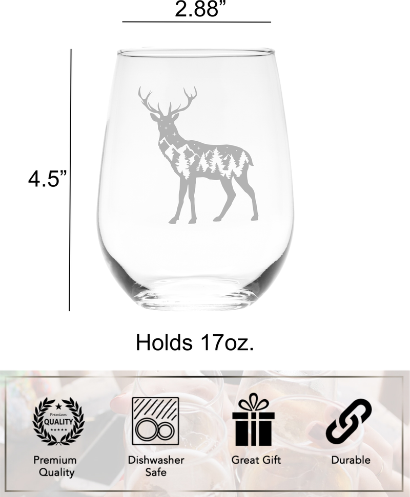 Deer Themed Stemless Wine Glass, 17 oz. - Deer Gift for Men and Women (Style D2)