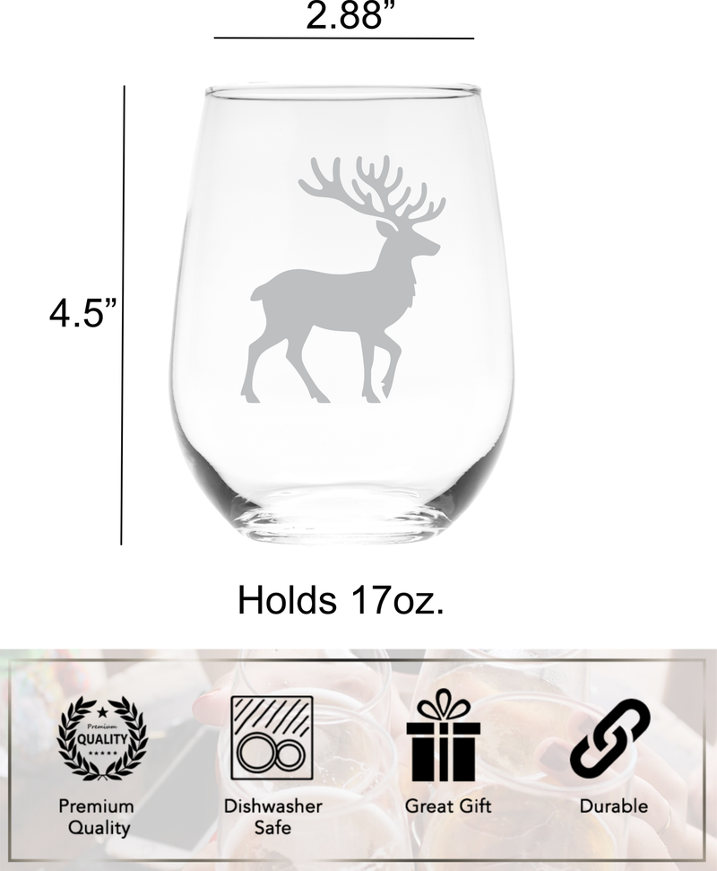 Deer Themed Stemless Wine Glass, 17 oz. - Deer Gift for Men and Women (Style D3)