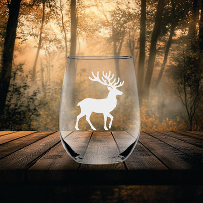 Deer Themed Stemless Wine Glass, 17 oz. - Deer Gift for Men and Women (Style D3)