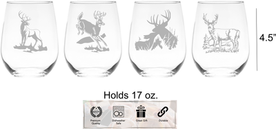 Deer Stemless Wine Glass Set - Deer Themed Gift for Women and Men - 4 Pieces