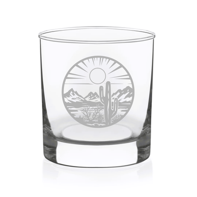 Desert Landscape Scene with Cactus Whiskey Rocks Glass - Desert Themed Gift for Men and Women - 11 oz.