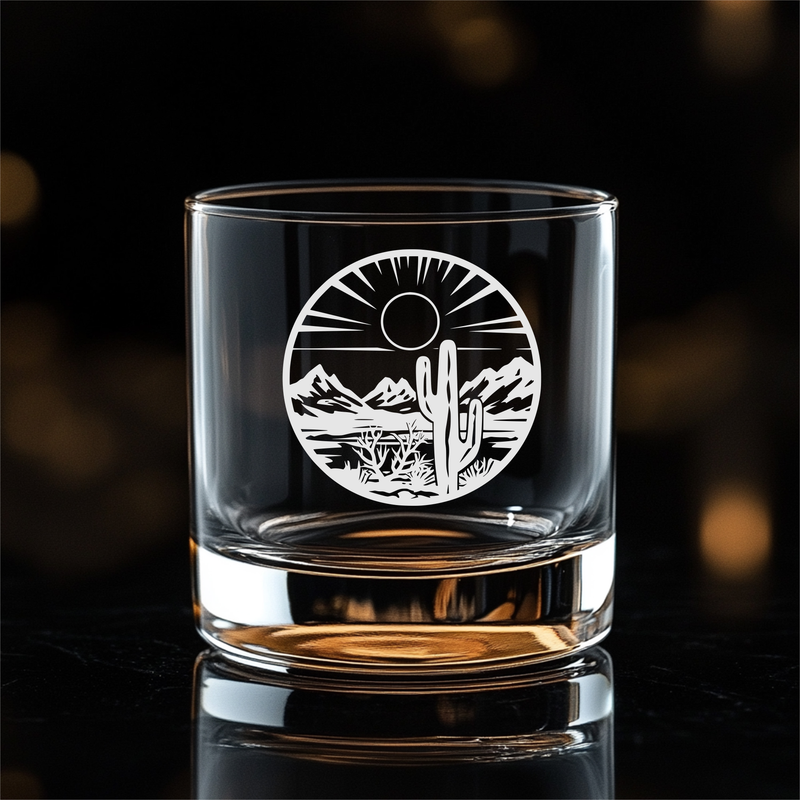 Desert Landscape Scene with Cactus Whiskey Rocks Glass - Desert Themed Gift for Men and Women - 11 oz.