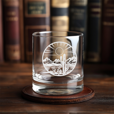 Desert Landscape Scene with Cactus Whiskey Rocks Glass - Desert Themed Gift for Men and Women - 11 oz.