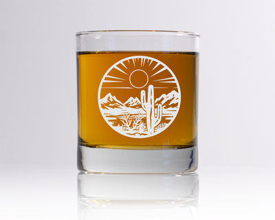 Desert Landscape Scene with Cactus Whiskey Rocks Glass - Desert Themed Gift for Men and Women - 11 oz.