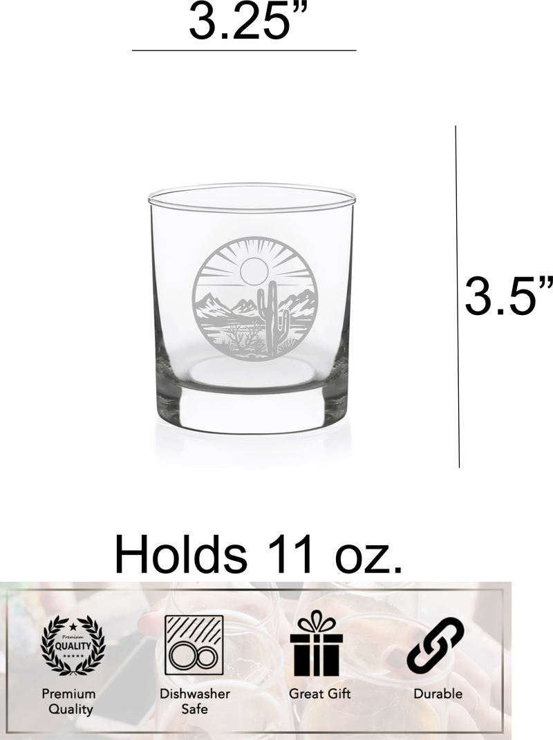 Desert Landscape Scene with Cactus Whiskey Rocks Glass - Desert Themed Gift for Men and Women - 11 oz.