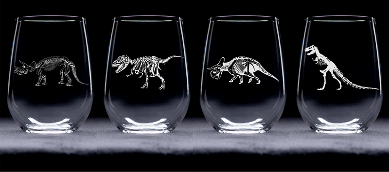 Dinosaur Skeleton Stemless Wine Glass Set – 4 Pieces – Dinosaur Skeleton Themed Gift for Women and Men - 17oz.