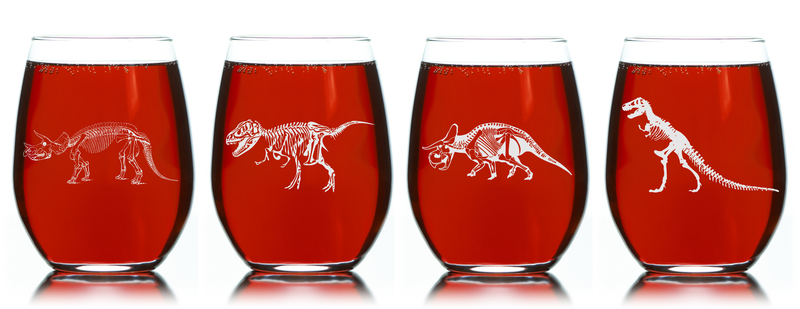 Dinosaur Skeleton Stemless Wine Glass Set – 4 Pieces – Dinosaur Skeleton Themed Gift for Women and Men - 17oz.