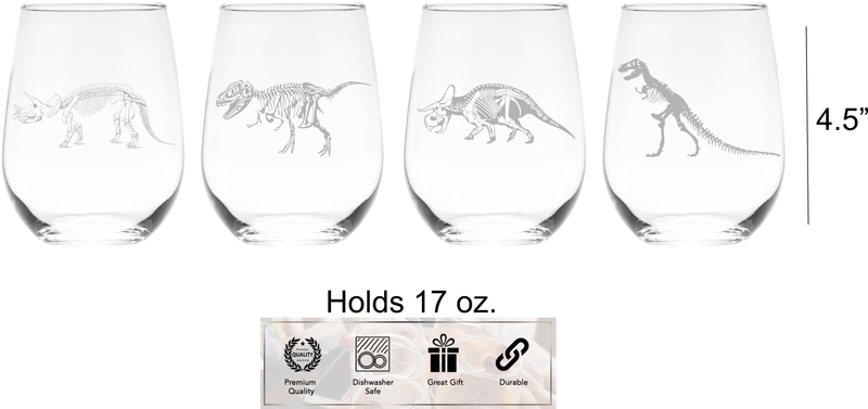 Dinosaur Skeleton Stemless Wine Glass Set – 4 Pieces – Dinosaur Skeleton Themed Gift for Women and Men - 17oz.
