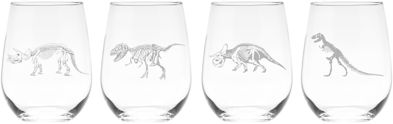 Dinosaur Skeleton Stemless Wine Glass Set – 4 Pieces – Dinosaur Skeleton Themed Gift for Women and Men - 17oz.
