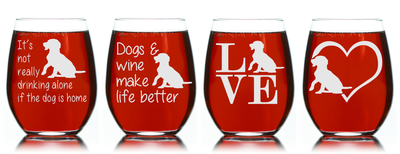 Dog Stemless Wine Glass Set - Dog Themed Gift for Women and Men - 4 Pieces