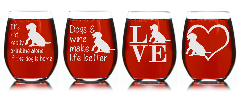 Dog Stemless Wine Glass Set - Dog Themed Gift for Women and Men - 4 Pieces
