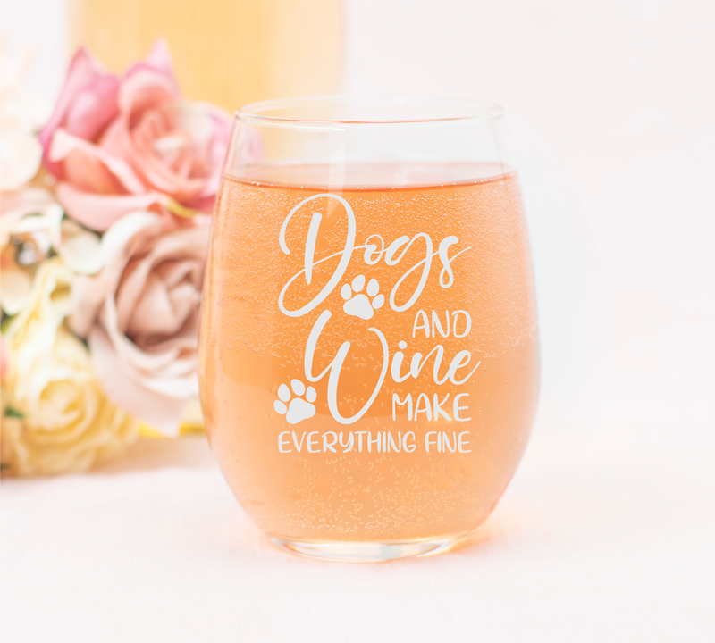 Dogs and Wine Make Everything Fine Funny Stemless Wine Glass - Dog Lover Themed Gift for Women and Men - 17 oz. (Style DW2)