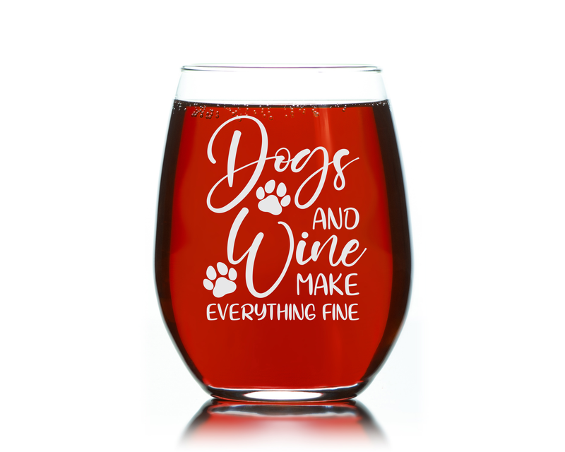 Dogs and Wine Make Everything Fine Funny Stemless Wine Glass - Dog Lover Themed Gift for Women and Men - 17 oz. (Style DW2)