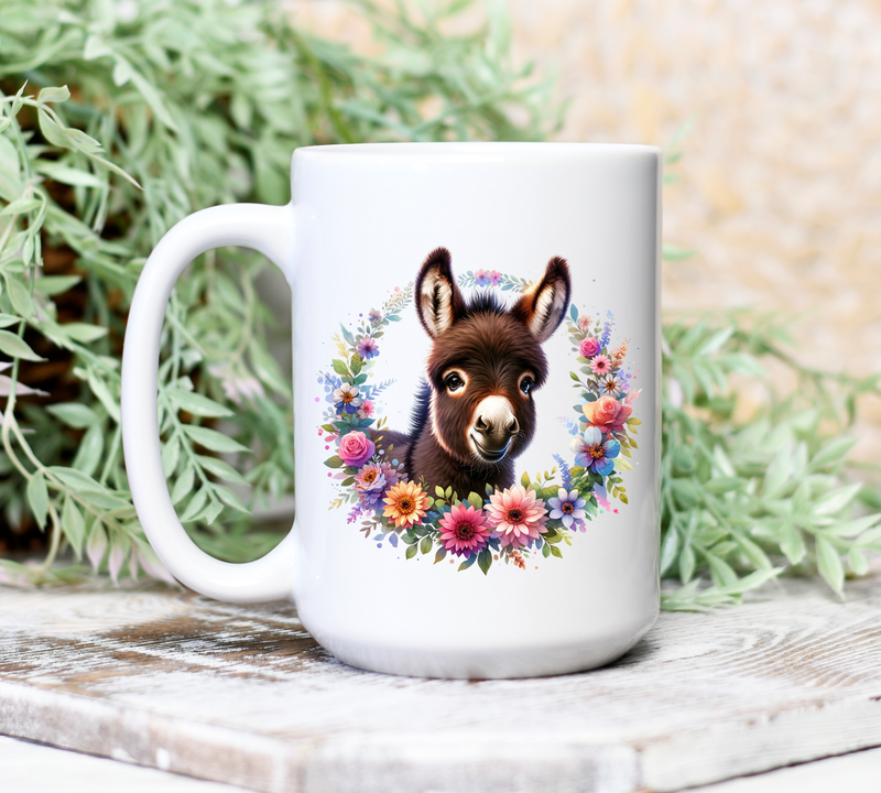 Donkey Ceramic Coffee Mug, 15 oz.,  Floral Design - Donkey Gift for Men and Women