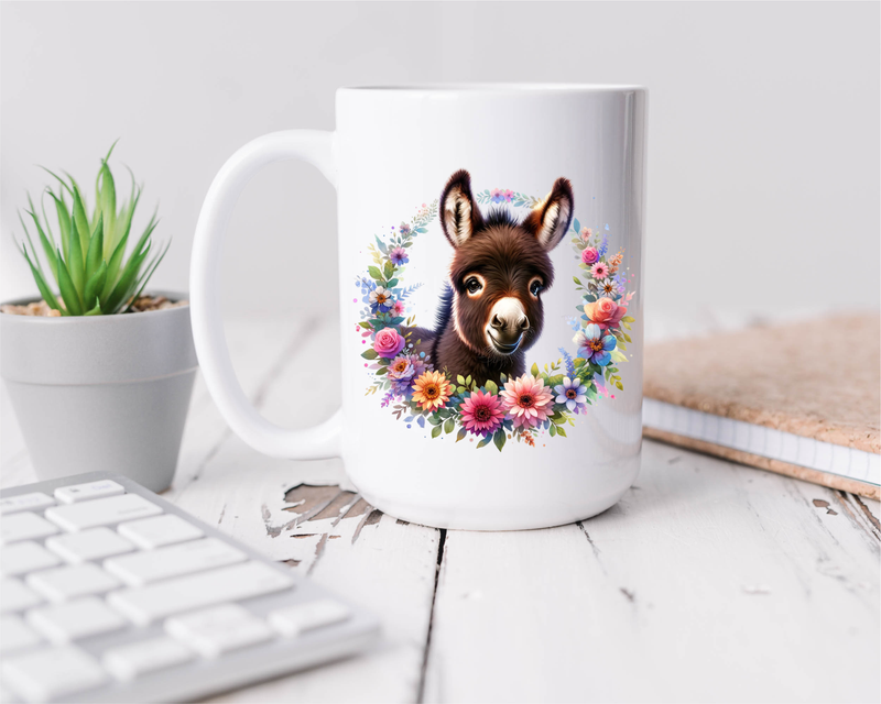 Donkey Ceramic Coffee Mug, 15 oz.,  Floral Design - Donkey Gift for Men and Women