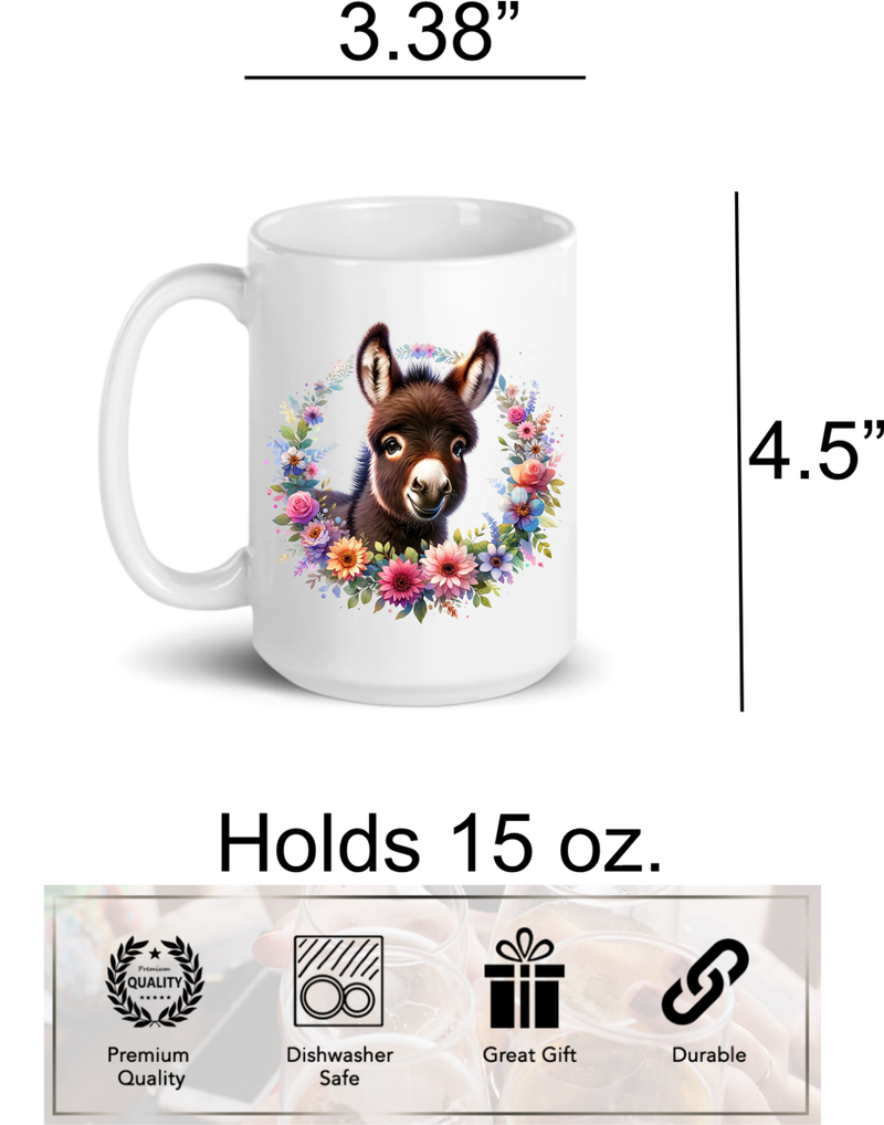 Donkey Ceramic Coffee Mug, 15 oz.,  Floral Design - Donkey Gift for Men and Women