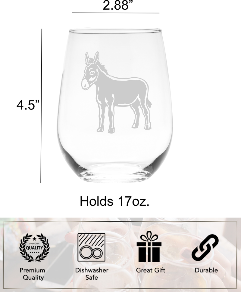 Donkey Stemless Wine Glass -  Donkey Themed Gift for Women and Men - 17 oz.