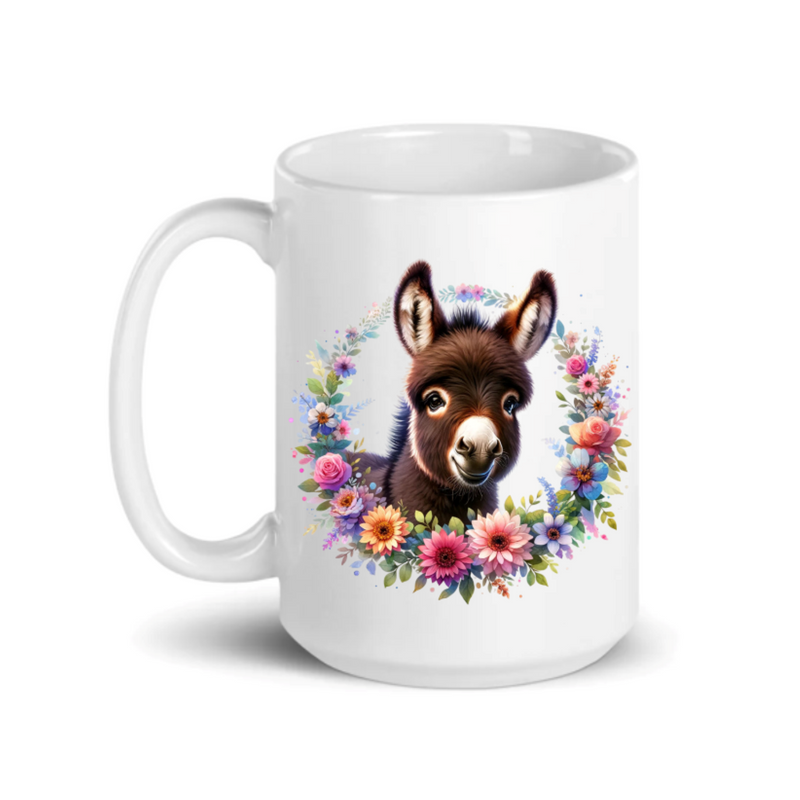 Donkey Ceramic Coffee Mug, 15 oz.,  Floral Design