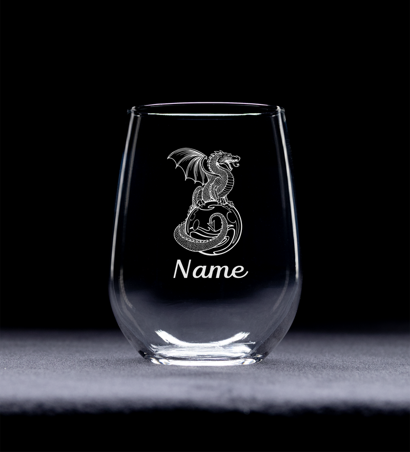 Dragon with Name, 17 oz. Custom Stemless Wine Glass - Personalized Dragon Themed Gift for Women and Men