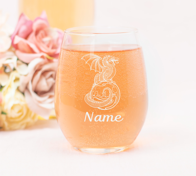 Dragon with Name, 17 oz. Custom Stemless Wine Glass - Personalized Dragon Themed Gift for Women and Men