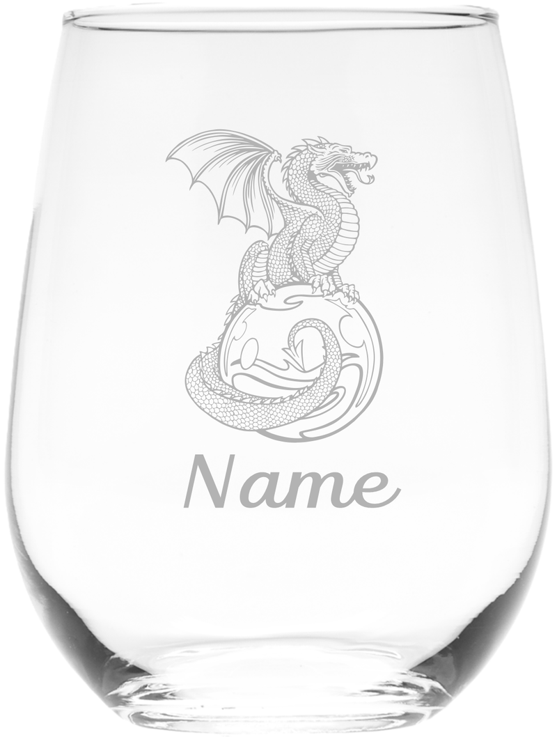 Dragon with Name, 17 oz. Custom Stemless Wine Glass - Personalized Dragon Themed Gift for Women and Men
