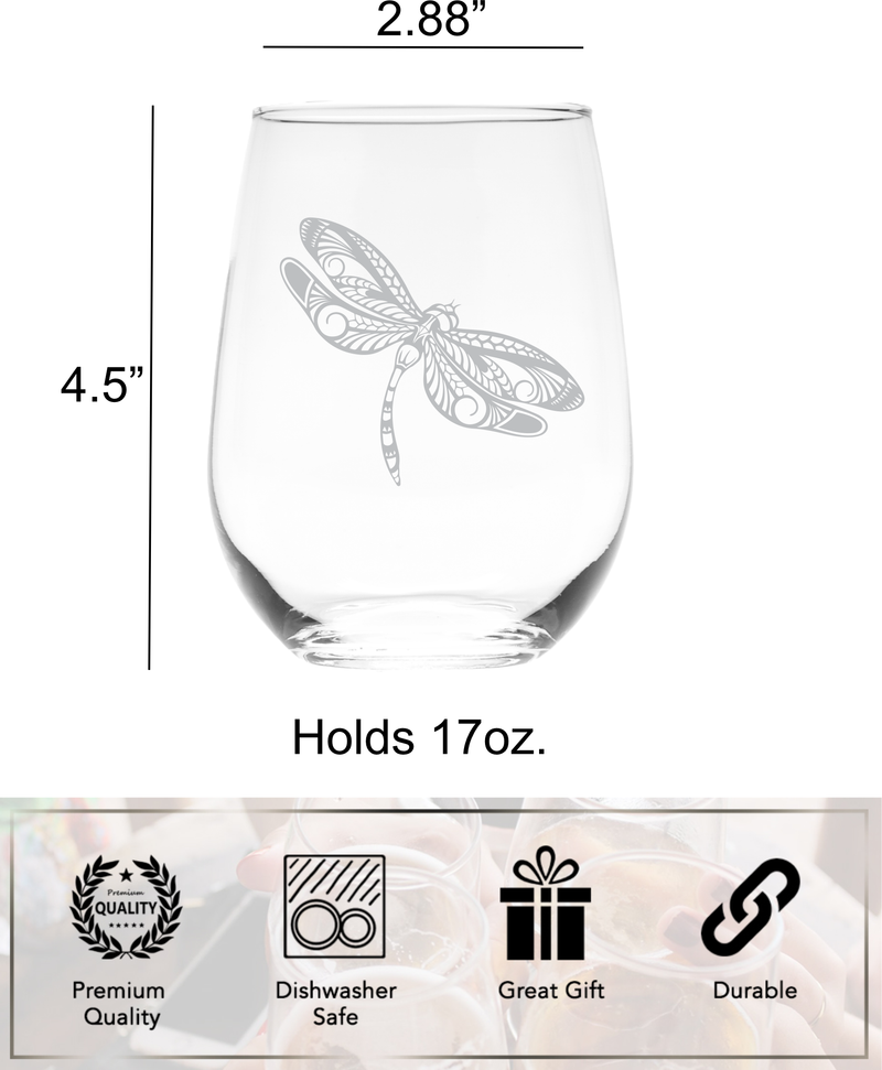 Dragonfly Stemless Wine Glass - Dragonfly Themed Gift for Women and Men -17 oz.