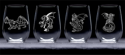 Dragon Stemless Wine Glass Set - Dragon Themed Gift for Women and Men - 4 Pieces