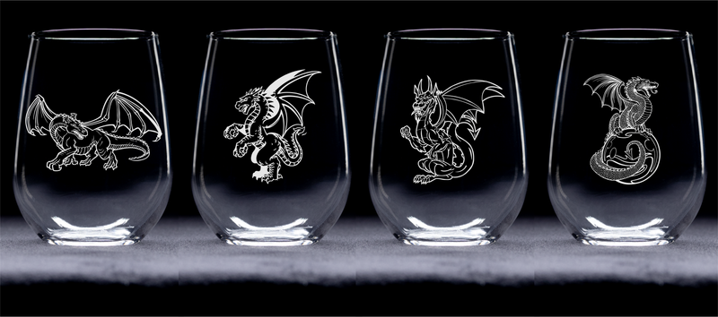Dragon Stemless Wine Glass Set - Dragon Themed Gift for Women and Men - 4 Pieces