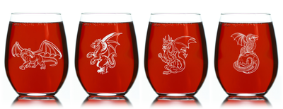 Dragon Stemless Wine Glass Set - Dragon Themed Gift for Women and Men - 4 Pieces