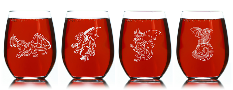 Dragon Stemless Wine Glass Set - Dragon Themed Gift for Women and Men - 4 Pieces