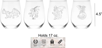 Dragon Stemless Wine Glass Set - Dragon Themed Gift for Women and Men - 4 Pieces