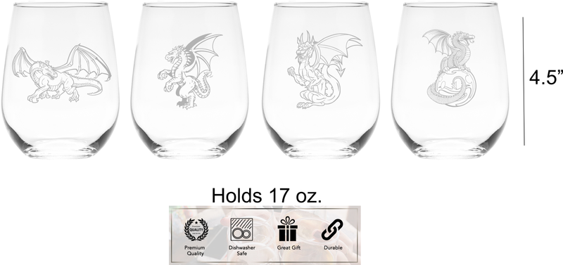 Dragon Stemless Wine Glass Set - Dragon Themed Gift for Women and Men - 4 Pieces