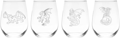 Dragon Stemless Wine Glass Set - Dragon Themed Gift for Women and Men - 4 Pieces