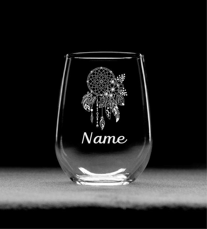 Dreamcatcher with Name 17 oz.  Custom Stemless Wine Glass - Personalized Dreamcatcher Themed Gift for Women and Men