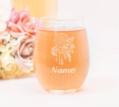 Dreamcatcher with Name 17 oz.  Custom Stemless Wine Glass - Personalized Dreamcatcher Themed Gift for Women and Men