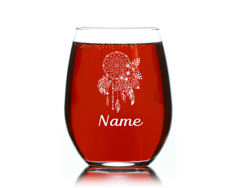 Dreamcatcher with Name 17 oz.  Custom Stemless Wine Glass - Personalized Dreamcatcher Themed Gift for Women and Men